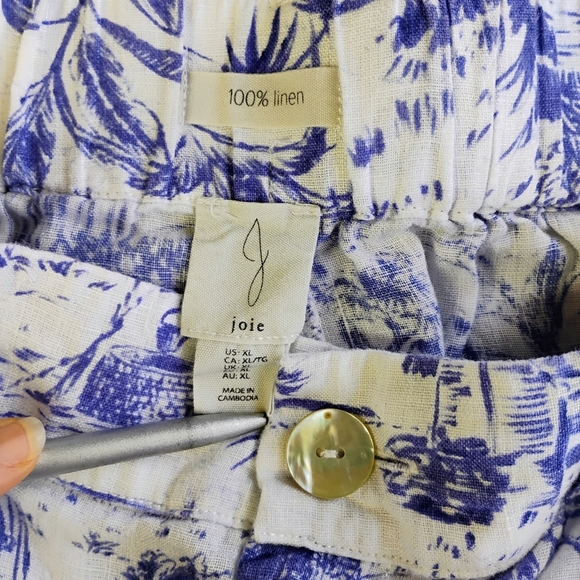 Joie Linen Wide Leg Belted Pants White Blue Tropical Beachy Coastal Size XL - Picture 7 of 14